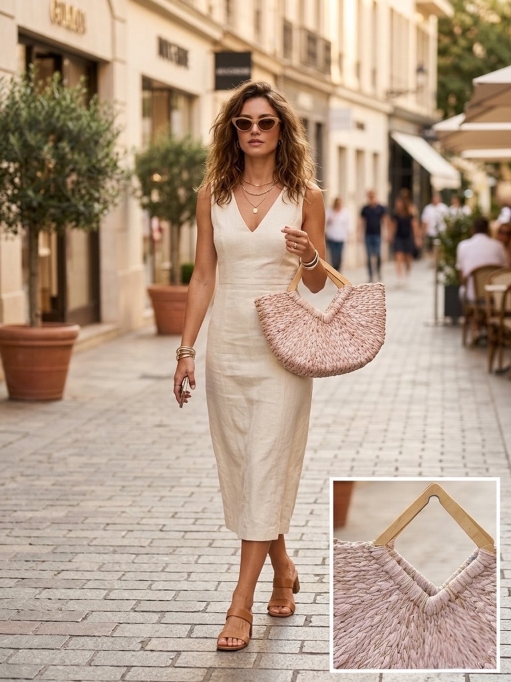 Straw bag by Miztique pink & gold wooden handle NEW